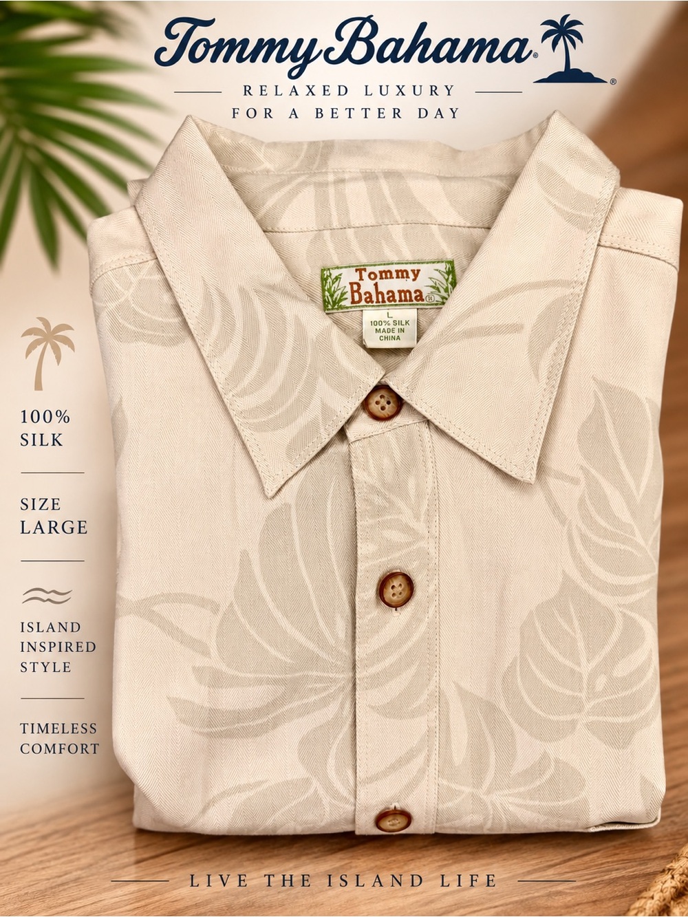 Tommy Bahama Beige Silk Camp Shirt with Subtle Tropical Print
